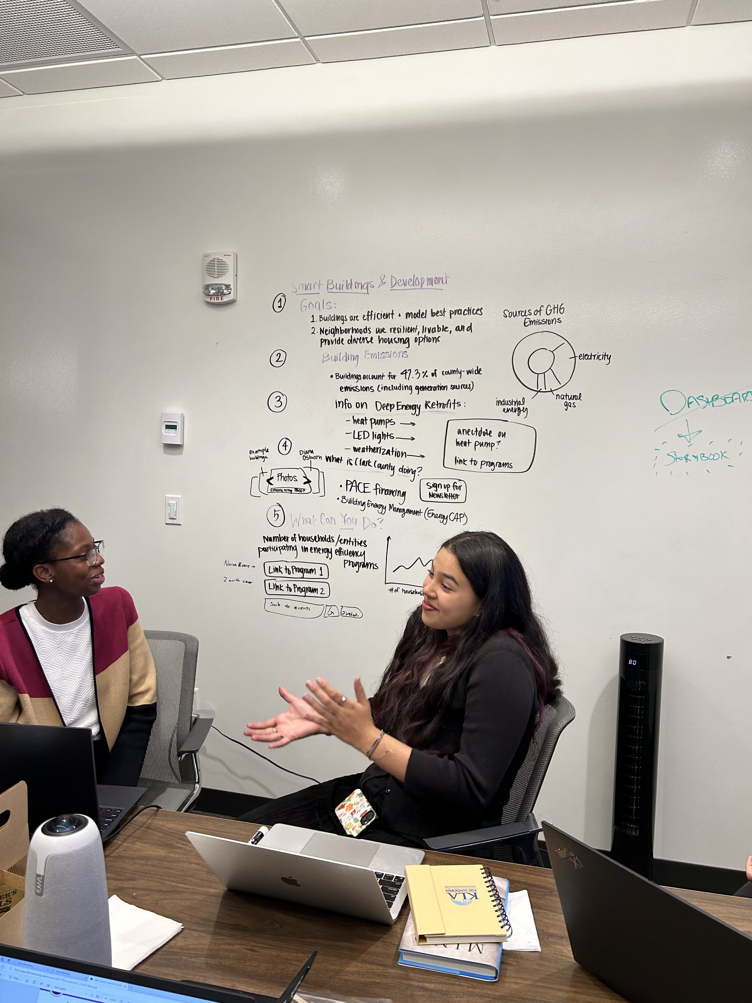 Photograph of two women conversing in front of a whiteboard